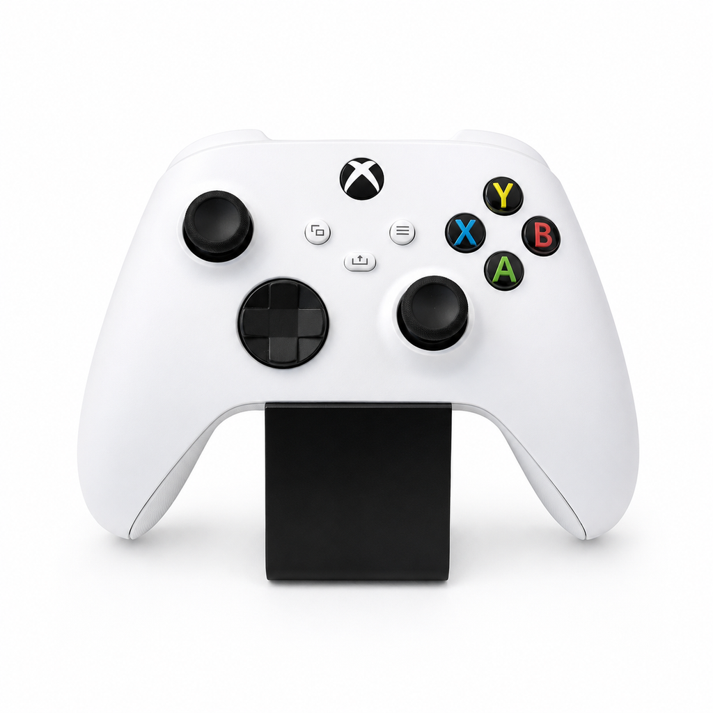 White gaming controller with black accents on a white background