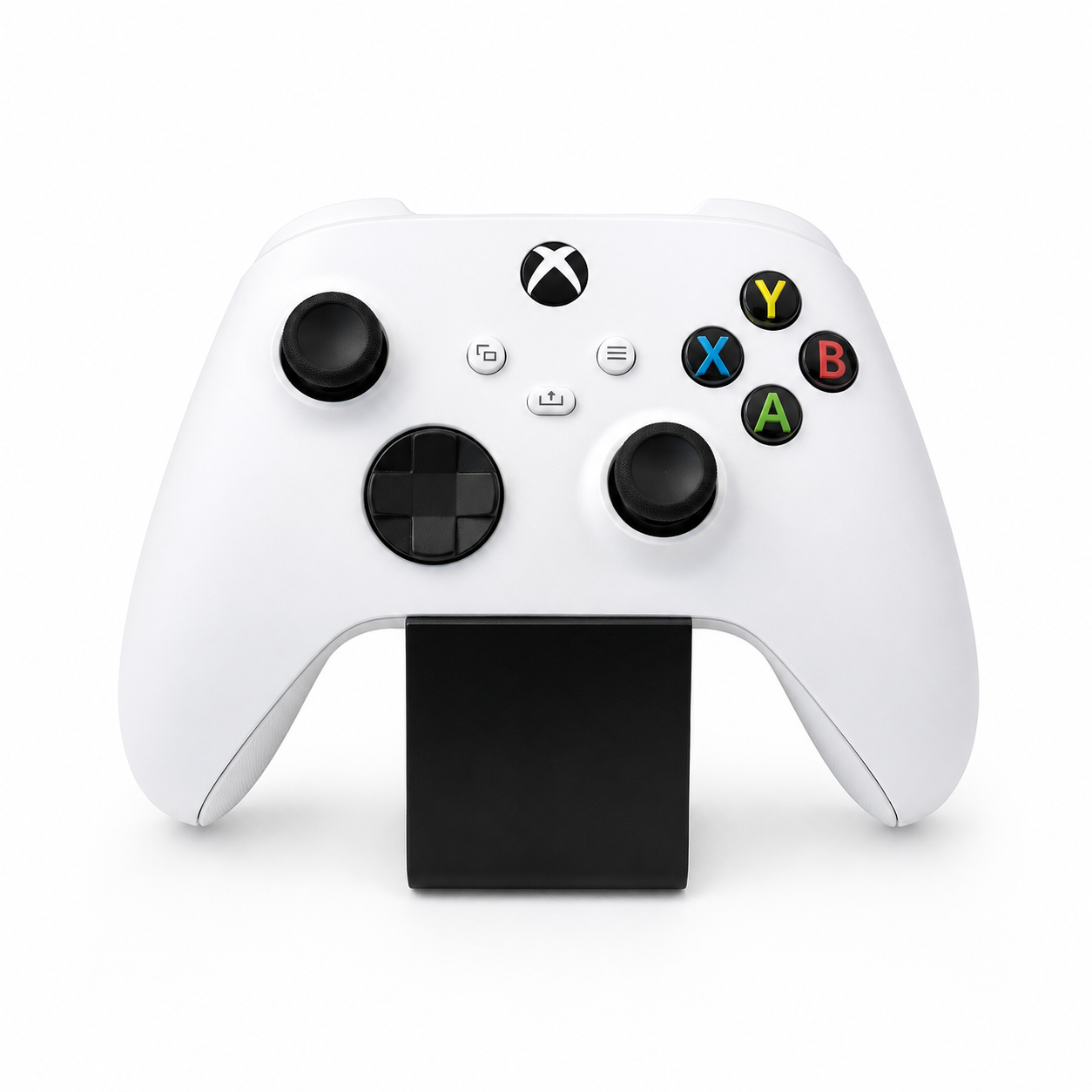 White gaming controller with black accents on a white background