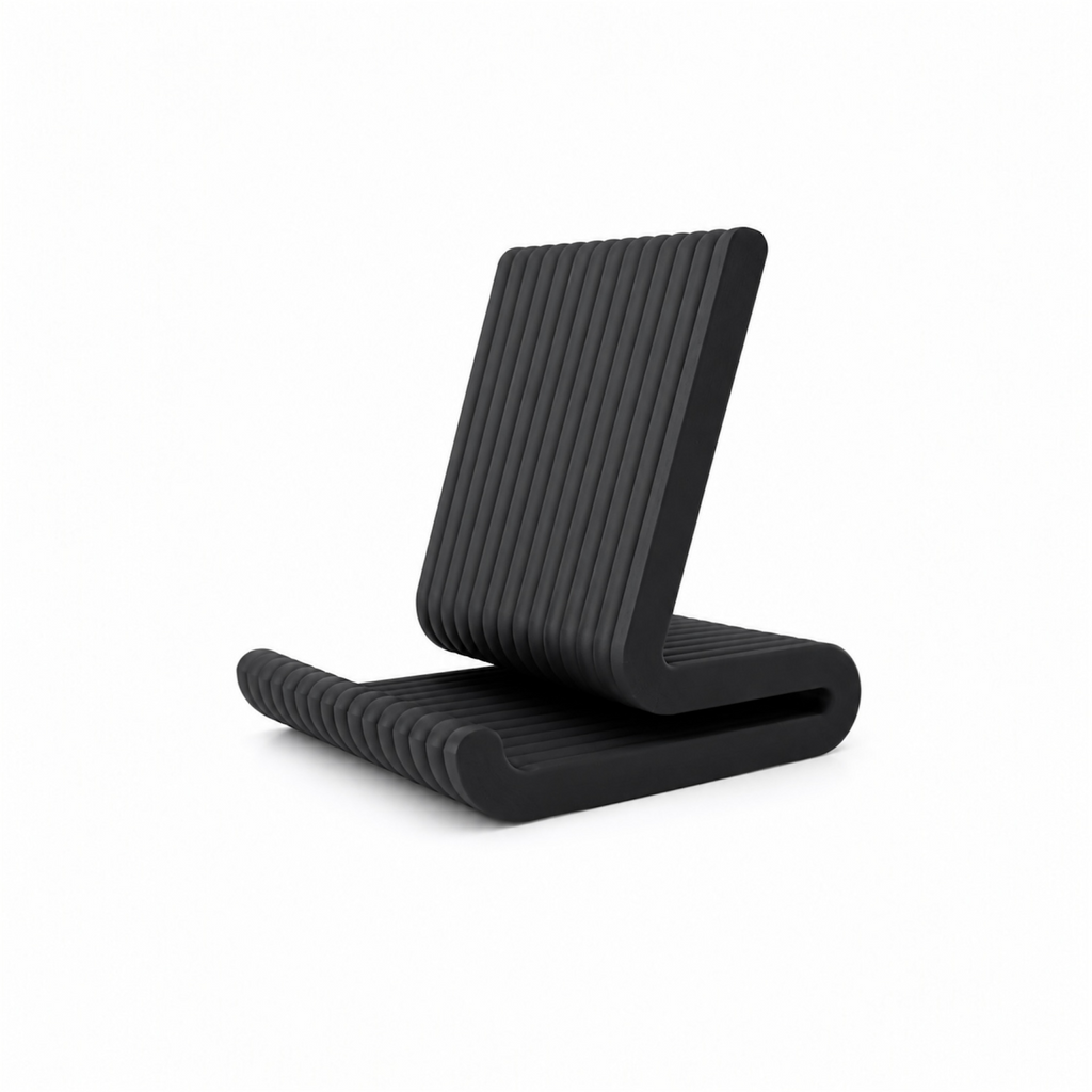 Black ribbed phone stand on a white background