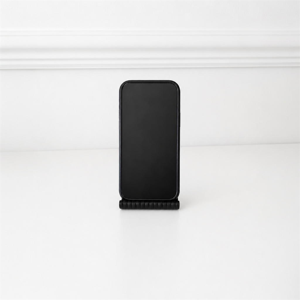 Black phone stand on a white background